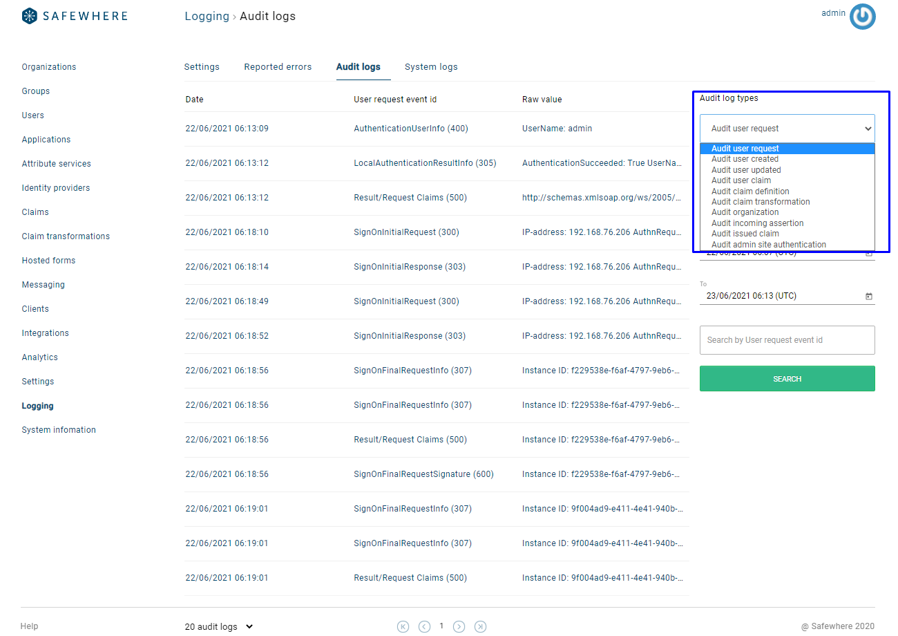 Audit log type list