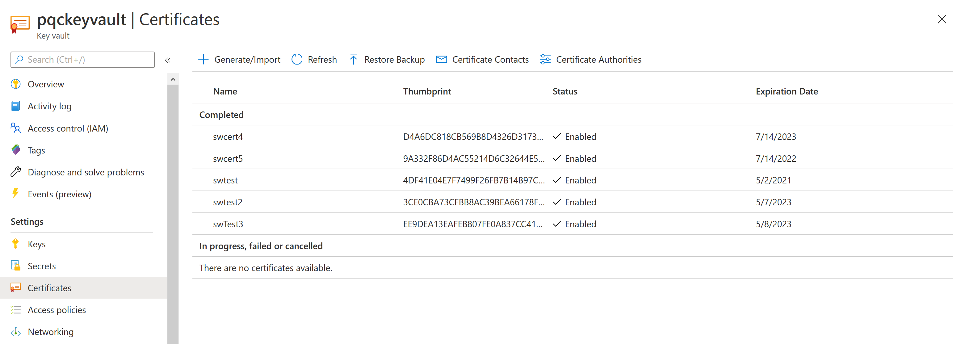 Certificates list