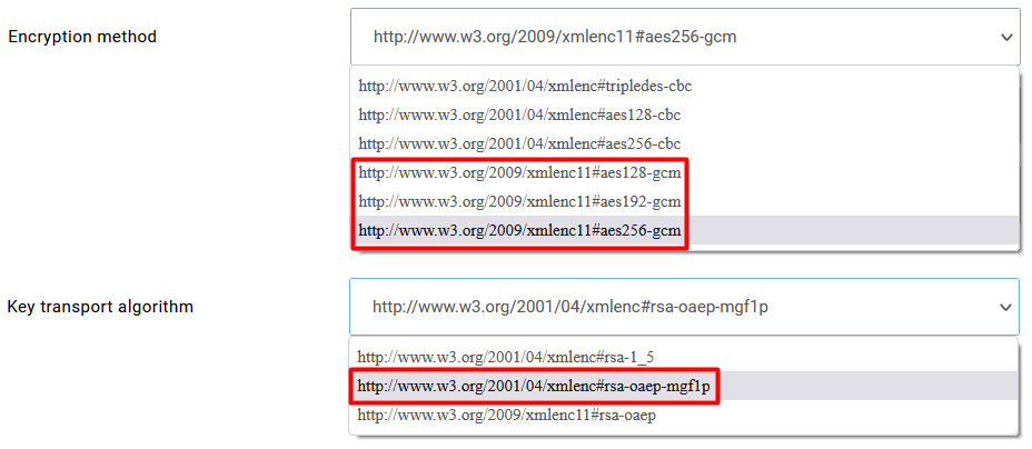 SAML GCM Encryption settings
