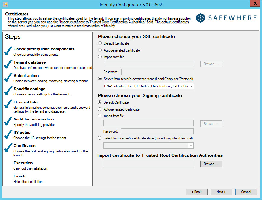 Settings certificates in Congfigurator