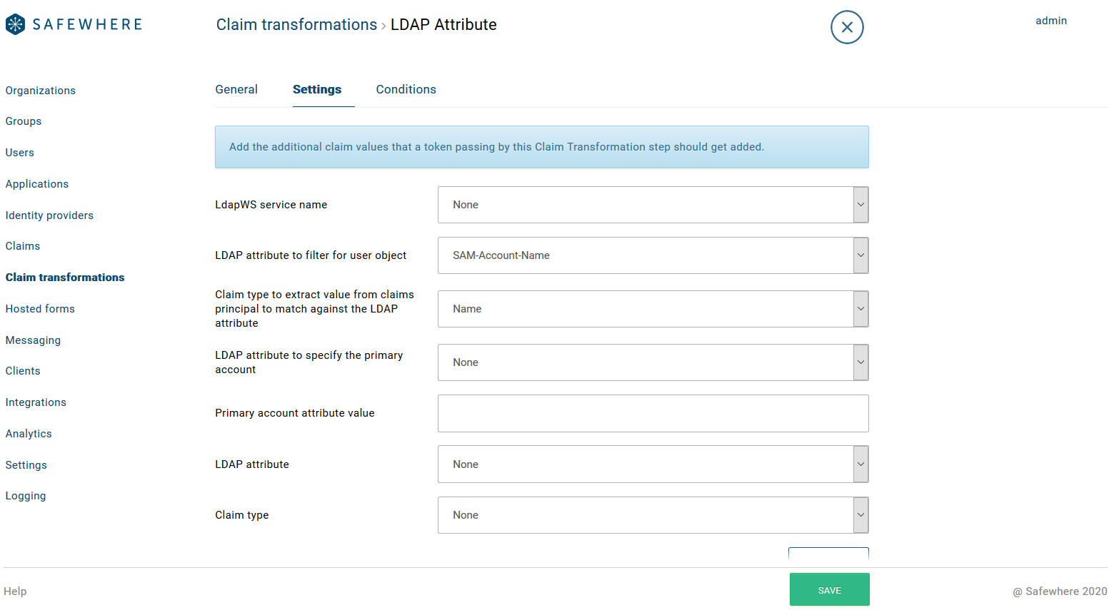 LDAP attribute claim transformation