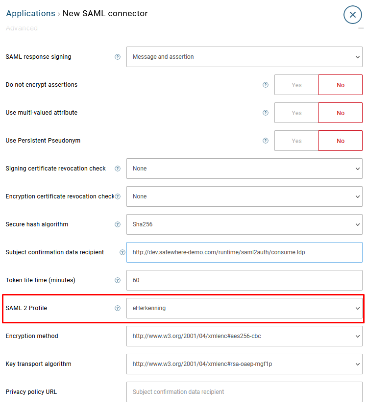 eHerkenning application settings