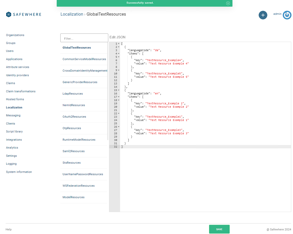 Safewhere Admin Customized Text Resources