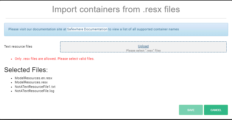 Safewhere Admin Import from Files Not .resx Message