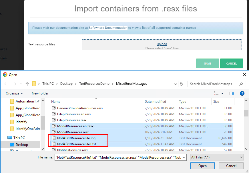 Safewhere Admin Import from Files Not .resx