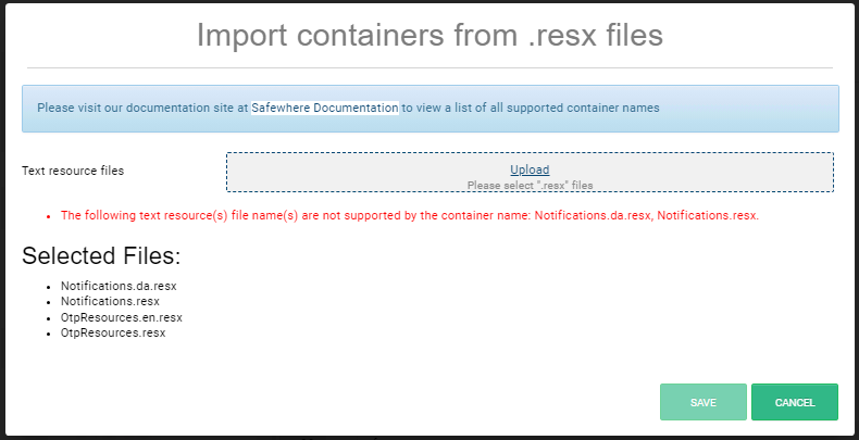 Safewhere Admin Import from Files Not Supported Message