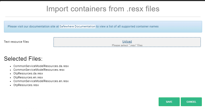 Safewhere Admin Import from Files Selected