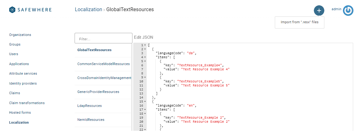 Safewhere Admin Import from Files