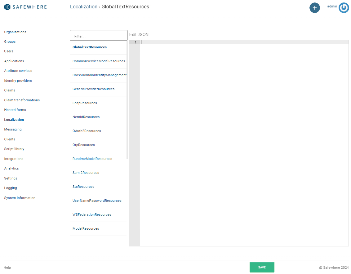 Safewhere Admin Localization Module