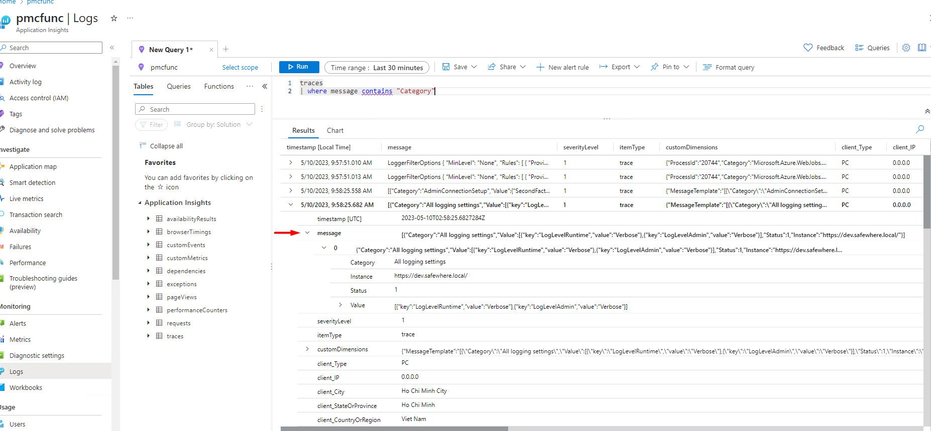 Application Insight Log Detail Result