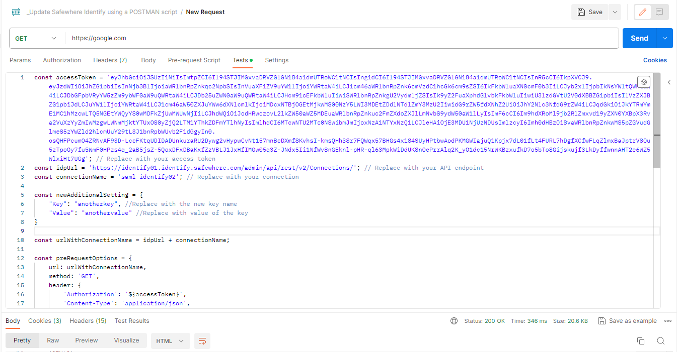 How to update Safewhere Identify connections using a Postman script