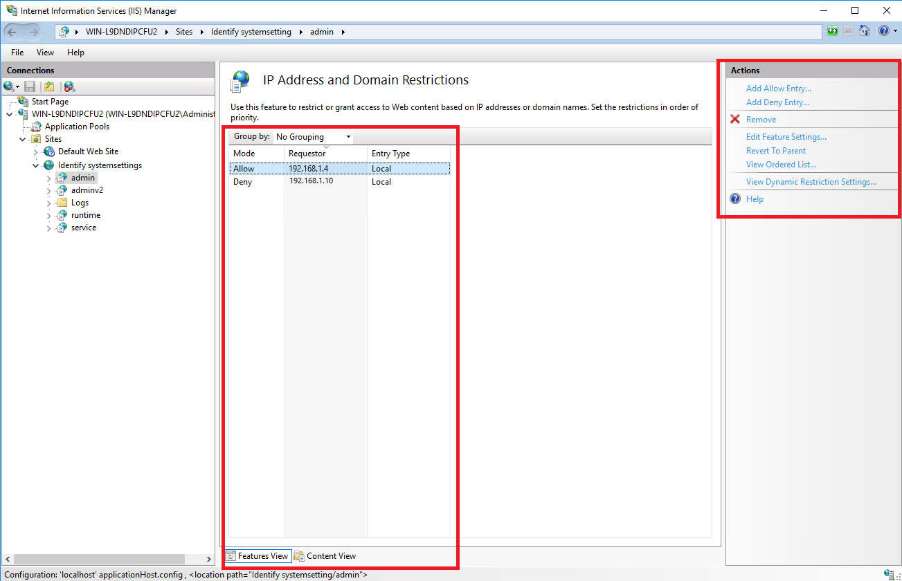 IP Address and Domain Restrictions Configuration Panel