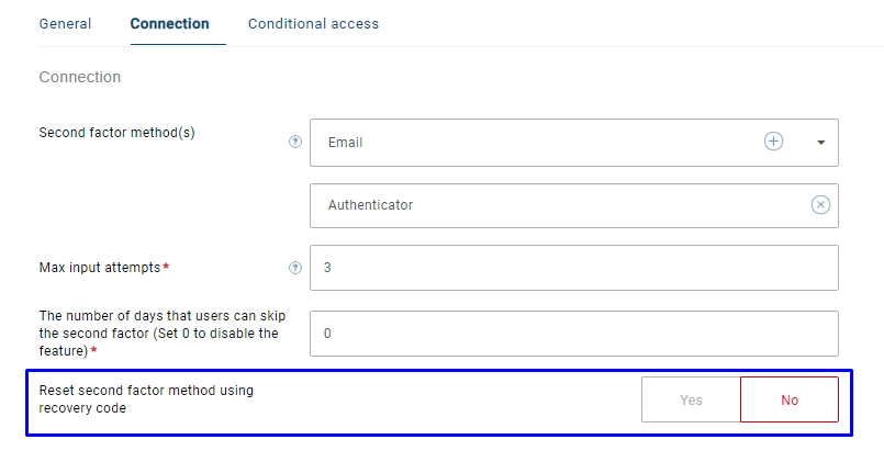 Reset second factor method using recovery code