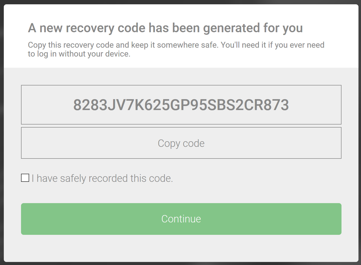 Recovery code correct