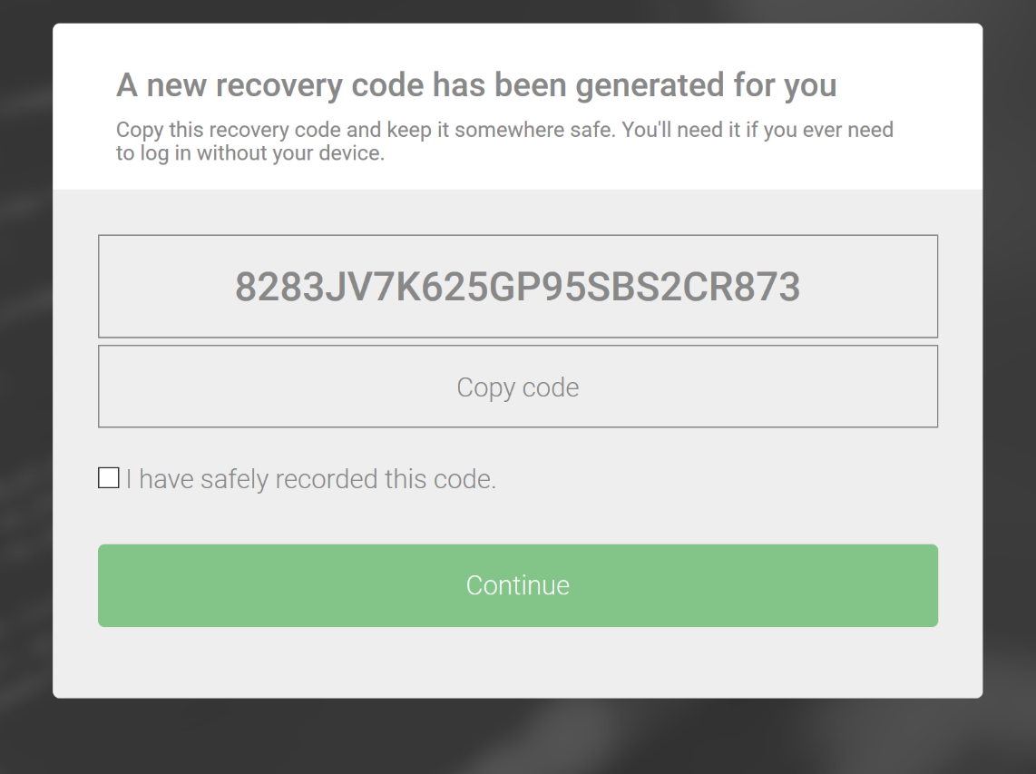 Onboarding recovery code