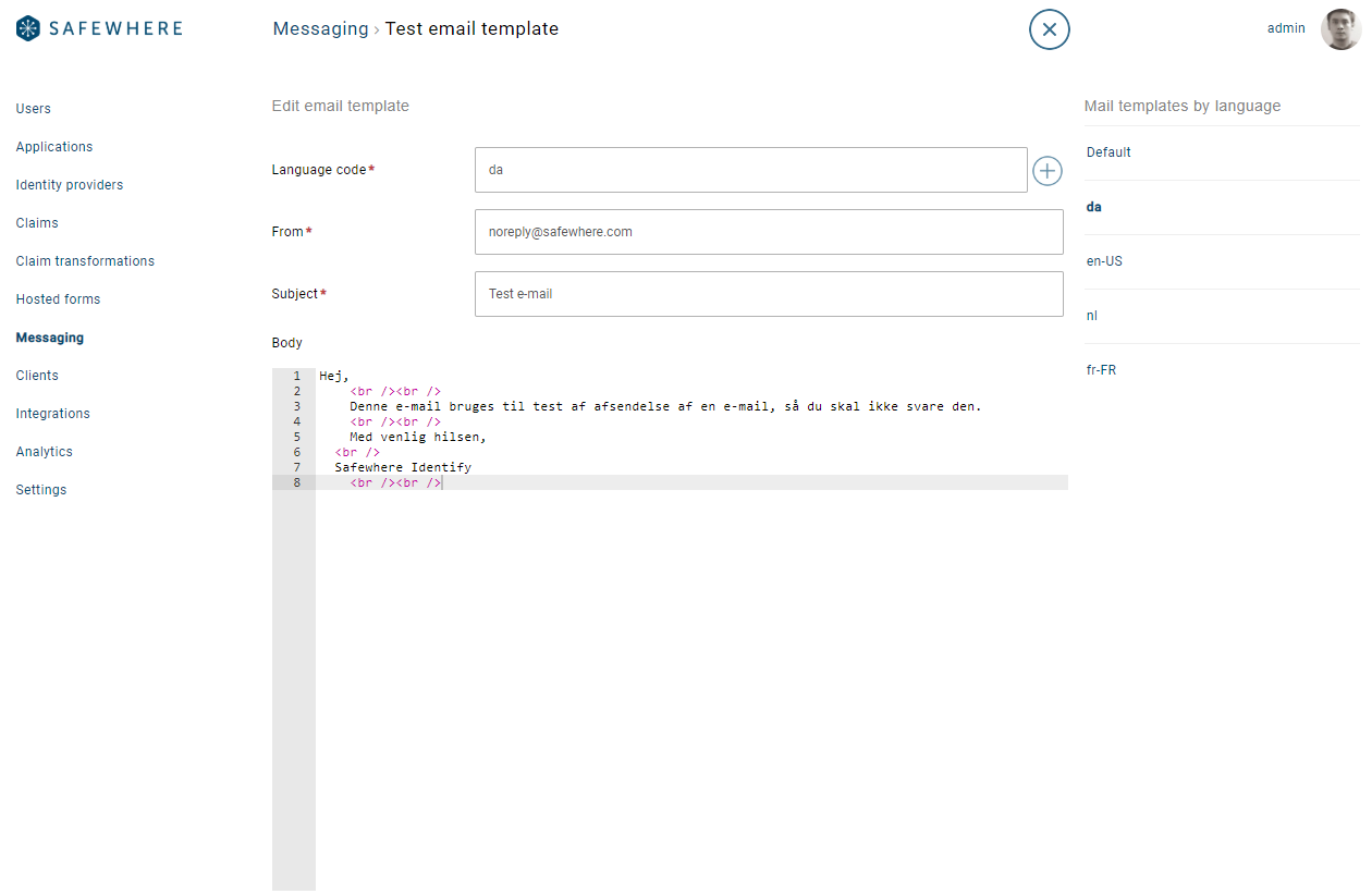 Edit email template screen