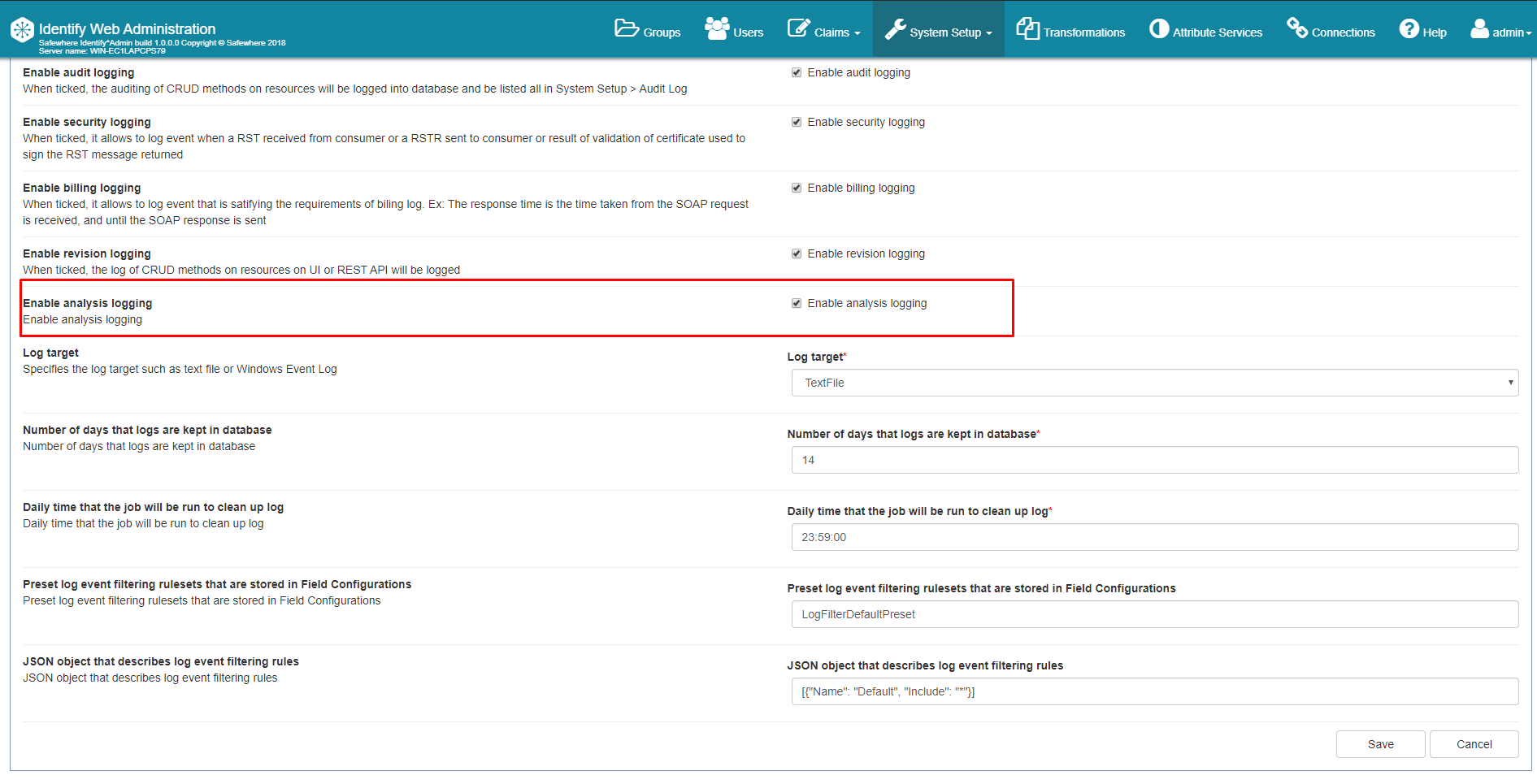 Enable analysis log type setting
