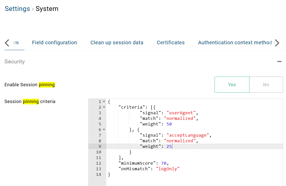 Session pinning settings in System Setup
