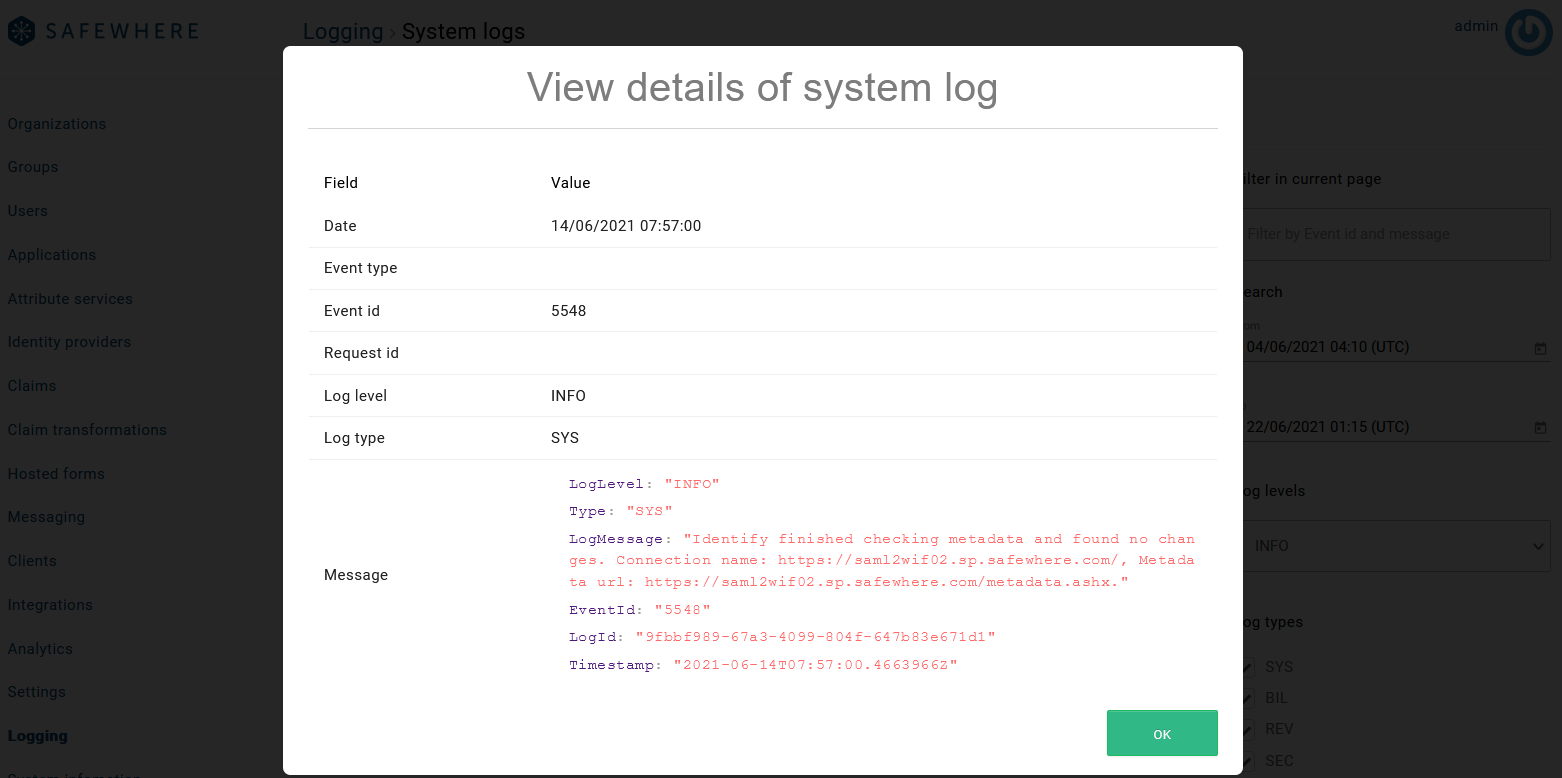 System log detailed view