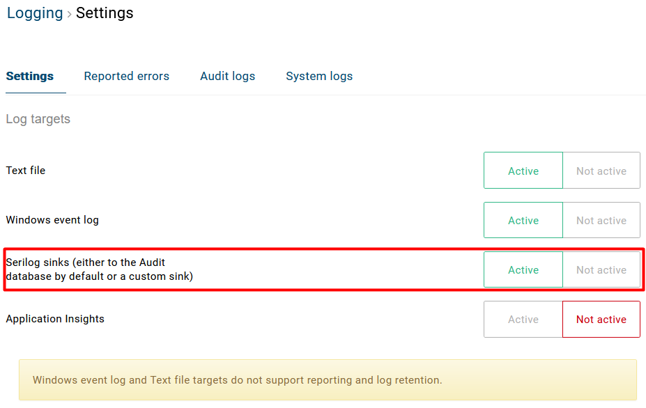 Logging Settings - Log targets