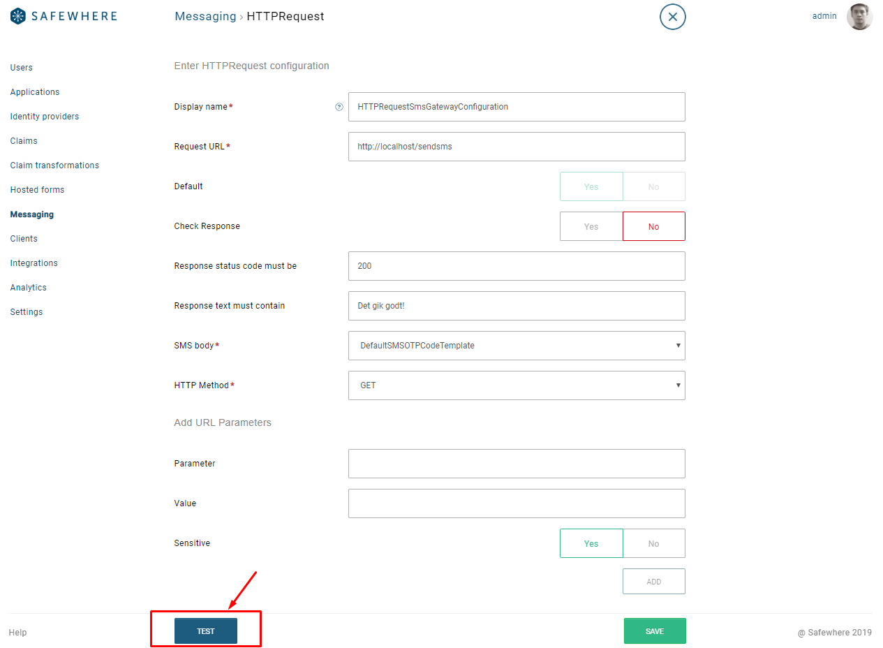 Edit SMS gateway screen