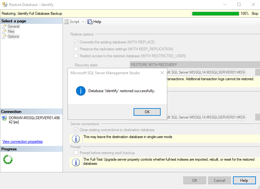 Restore Identify databases sql complete