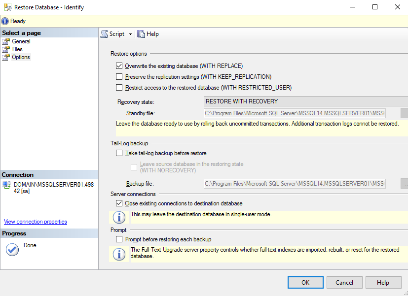 Restore Identify databases sql options