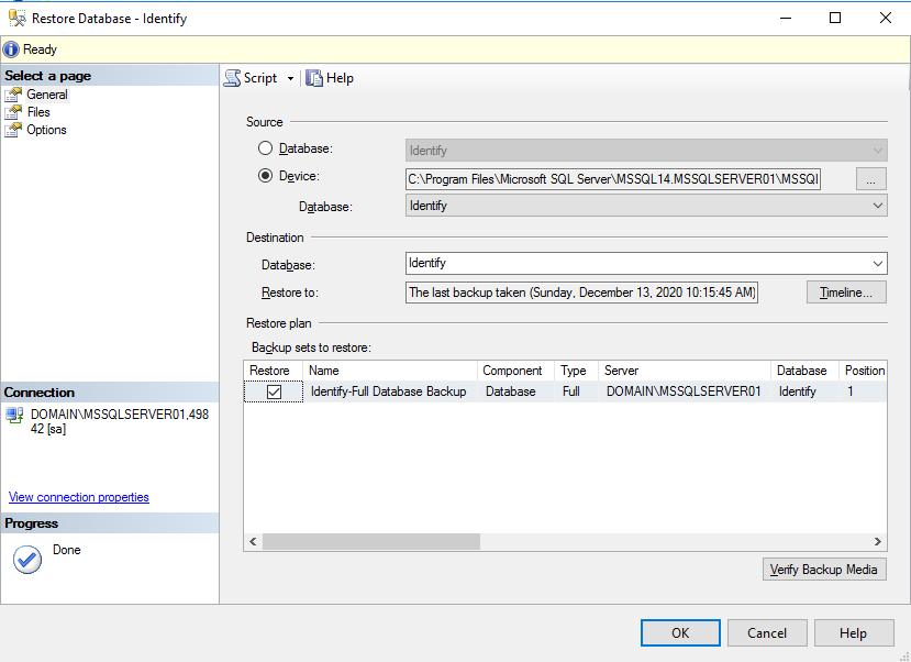 Restore Identify databases sql