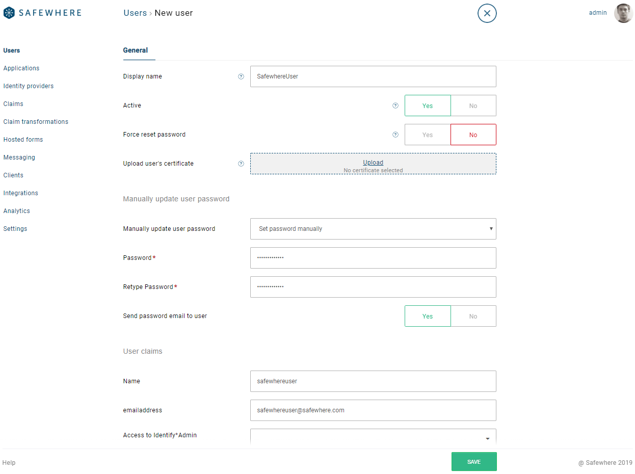 Set user's password section